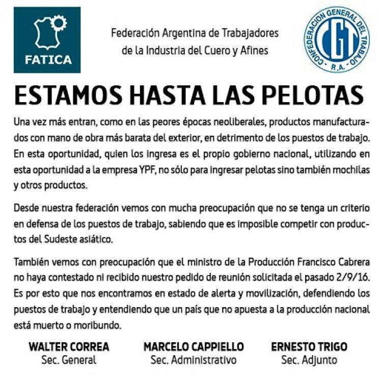 El comunicado de Fatica.