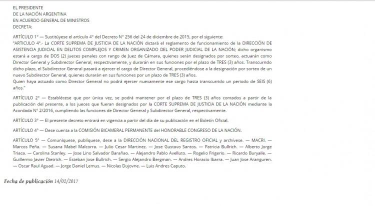 Decreto 102 publicado en el Boletín Oficial el 14 de febrero de este año, sin la firma de Garavano