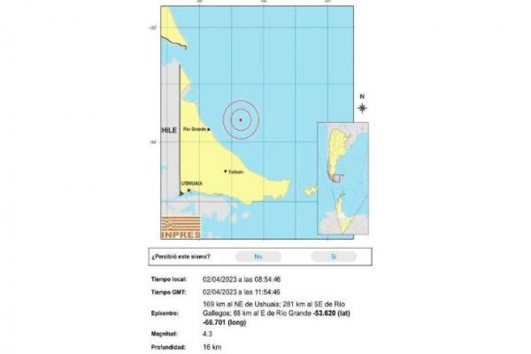 Sismo a 68 km de Tierra del Fuego: tuvo una magnitud 4.3 en la escala de Mercalli modificada