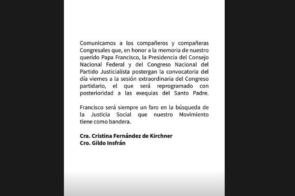 El Partido Justicialista suspendió el Congreso partidario en homenaje a Francisco